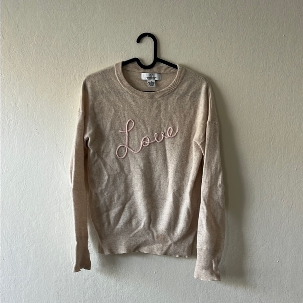 Women's Cashmere Cream Sweater with Pink Embroidery